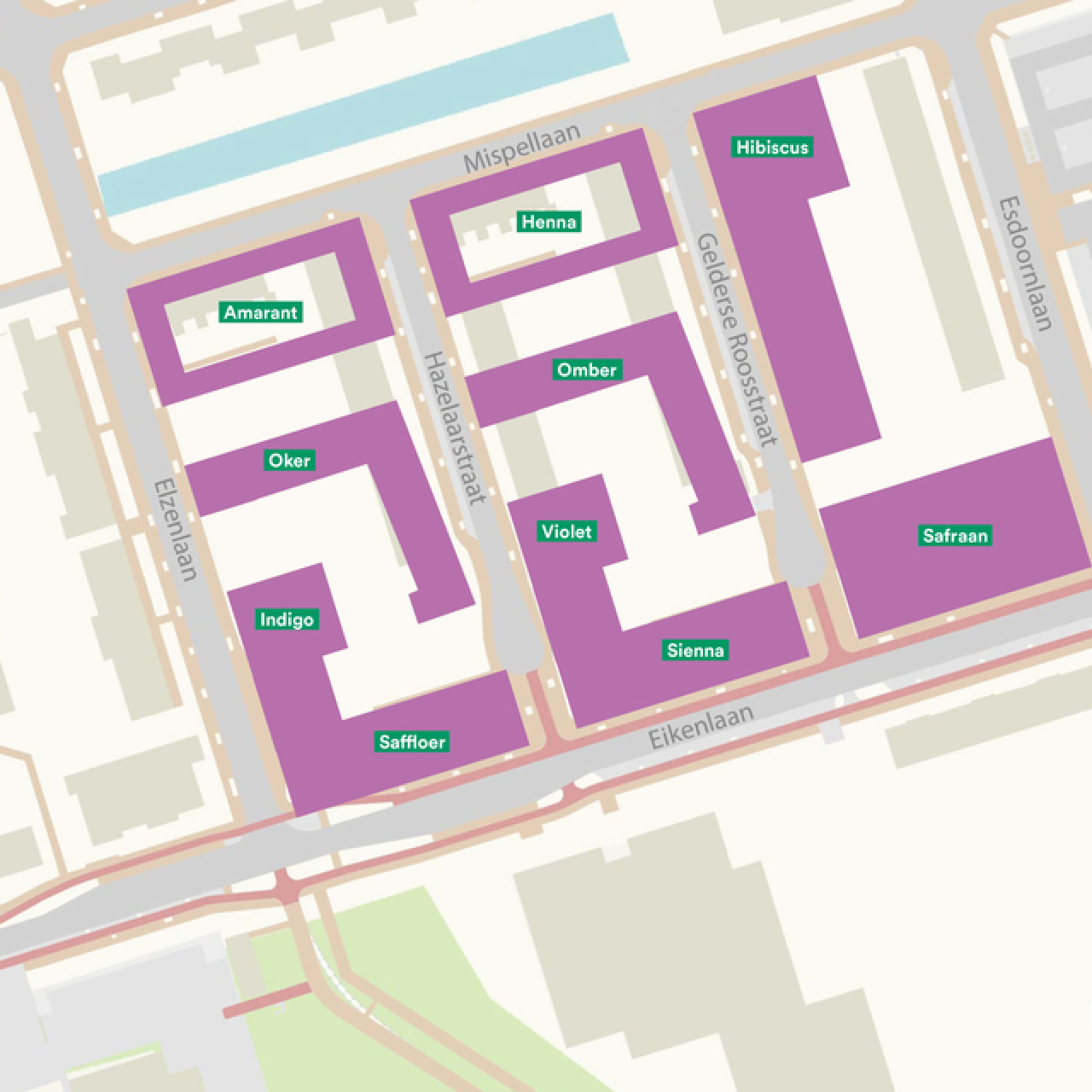 Kaart met paarse gemarkeerde gebouwen en straatnamen.